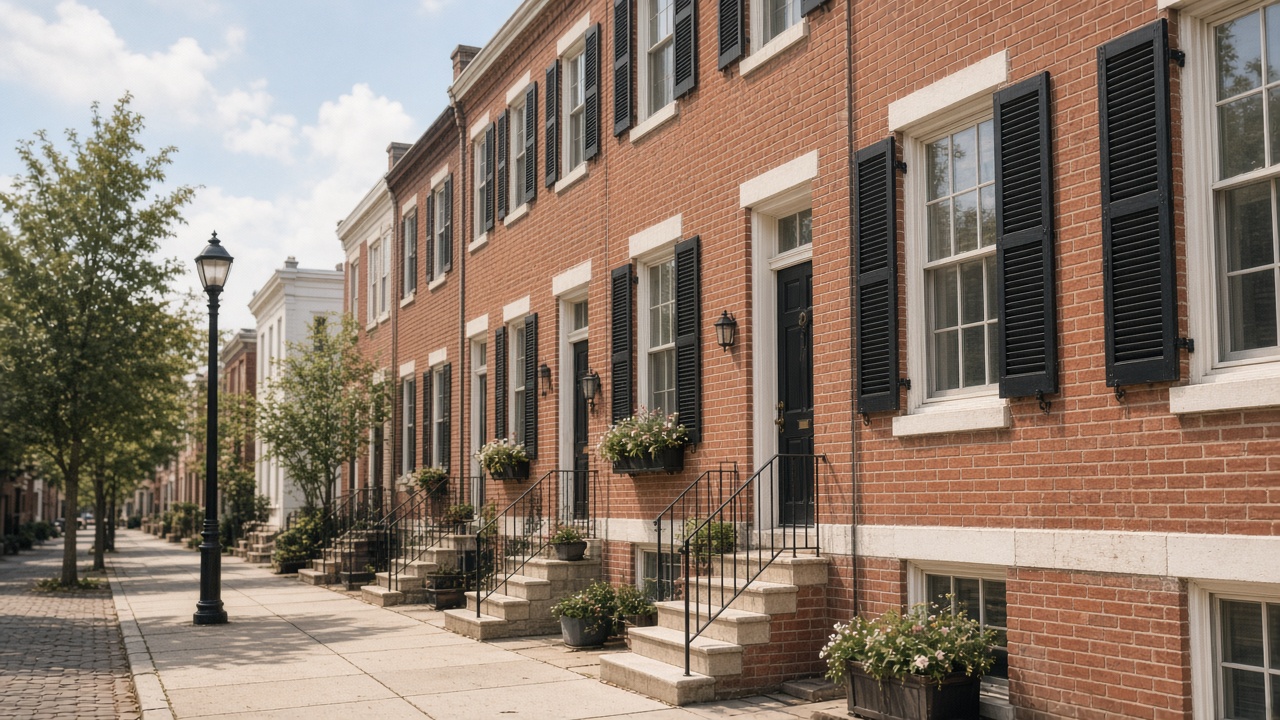 Philadelphia rowhouses along a tree-lined street