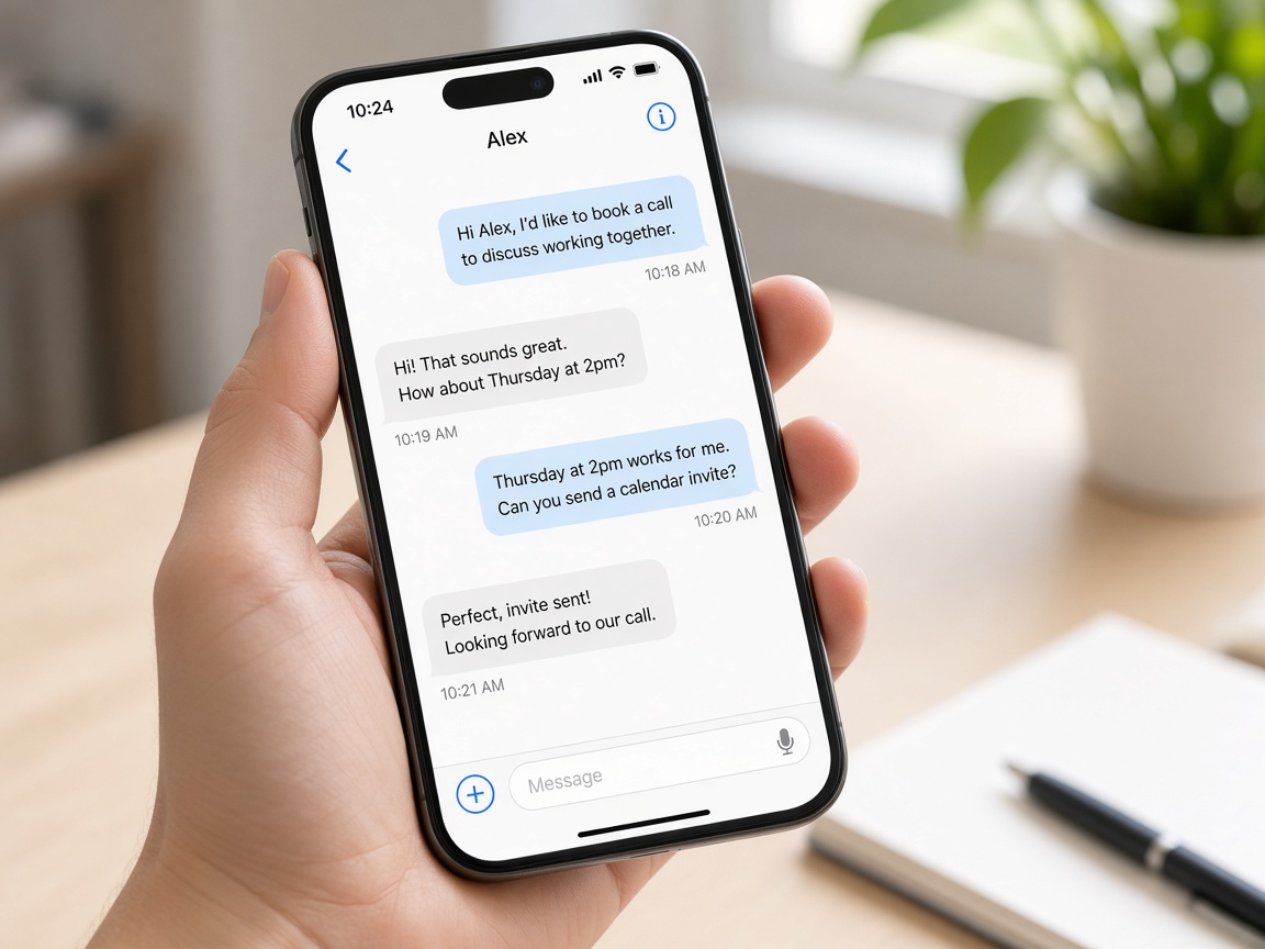 Hands holding a phone with a text conversation on screen